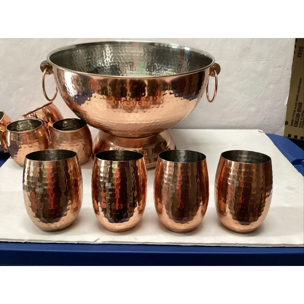 pier 1 copper hammered stainless ice bucket bowl footed cups 9 pieces